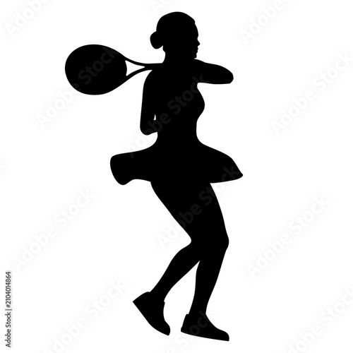 silhouette of a tennis player in a skirt swings her tennis racket.