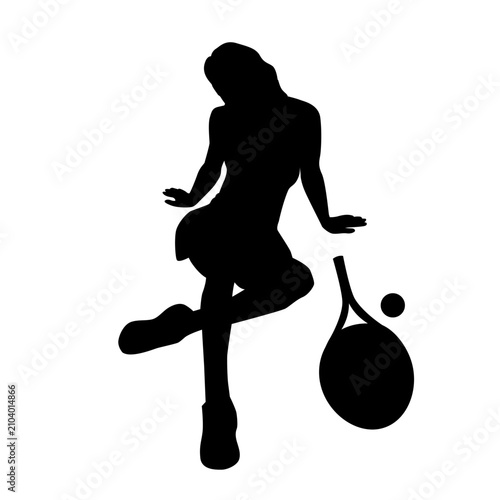 Vector silhouette of a female tennis player is sitting, beside her are a tennis racket and a tennis ball.