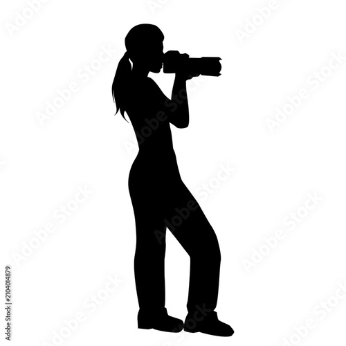 Vector illustration of a female photographer taking a photo with her camera.
