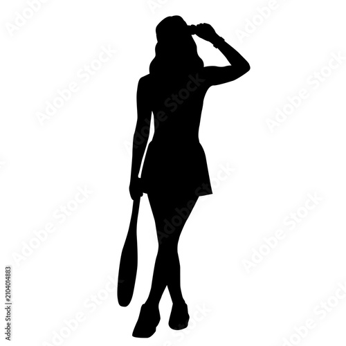 A silhouette of a girl holding a tennis racket and a hat in her other hand, with her legs crossed.