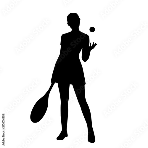 
A silhouette vector of a female tennis player preparing to hit a tennis ball, with a tennis racket in her right hand.