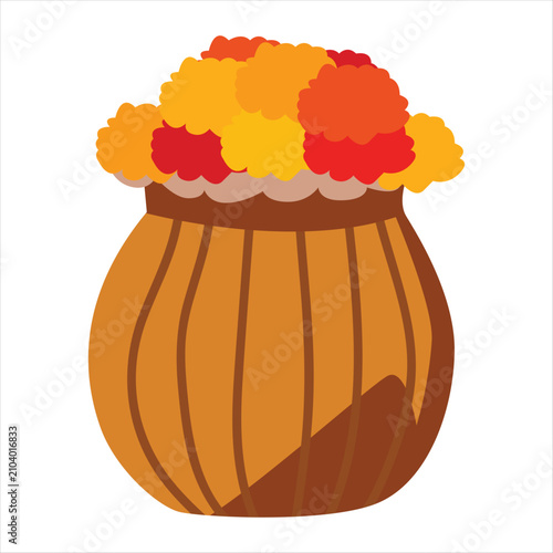 Decorative Wooden Barrel Overflowing with Marigold Flowers for Indian Festival, Floral Decoration, Temple Ceremony and Traditional Celebration Flat Illustration