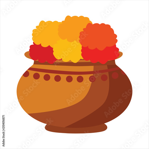 Traditional Indian Clay Pot Filled with Bright Marigold Flowers, Festive Decoration for Religious Ceremony, Diwali and Cultural Celebration Flat Vector Illustration