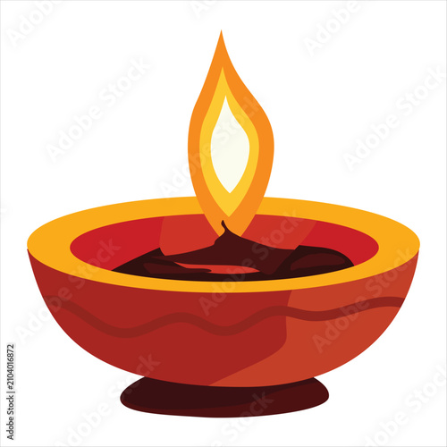 Traditional Indian Diya Oil Lamp with Burning Flame, Symbol of Diwali Festival, Light, Hope and Spiritual Celebration Flat Illustration