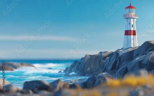 Classic white lighthouse with red stripe on rocky shore by blue ocean