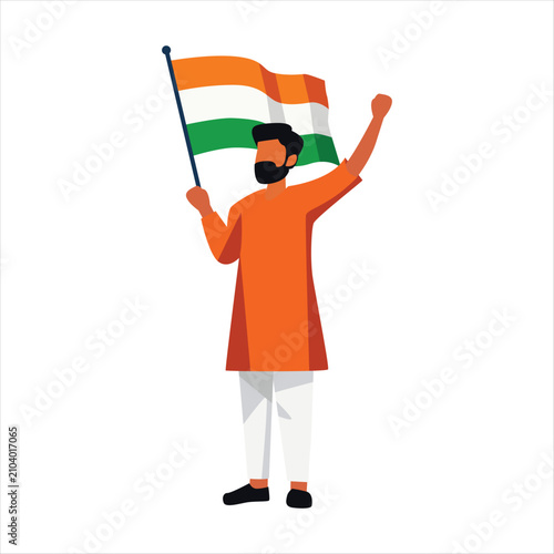 Proud Indian Man Holding Waving National Flag During Independence Day and Republic Day Celebration Flat Illustration