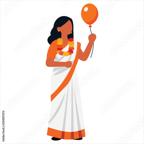 Indian Woman Wearing Traditional Saree Holding Balloon During National Celebration and Cultural Festival Flat Illustration