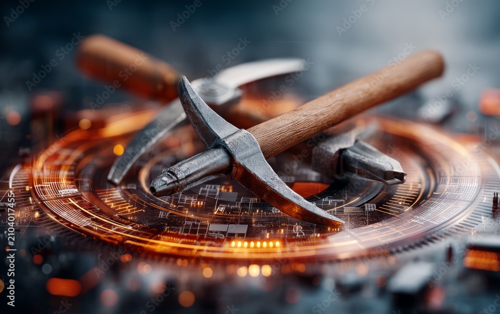 Obraz premium Vivid 3D Concept of Mining Tools with Shovel and Pickaxe on Digital Background
