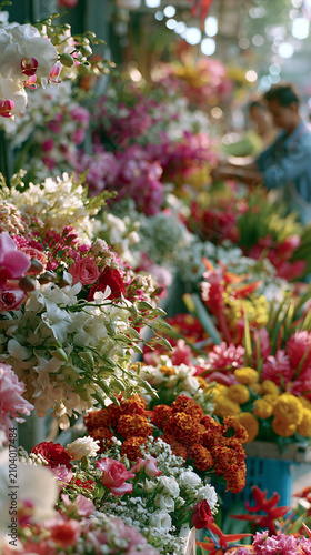 AI generator images of fresh flower market filled with a wide variety of flowers arranged beautifully. flower market filled with vibrant orchids, roses, marigolds and tropical flowers, florist 