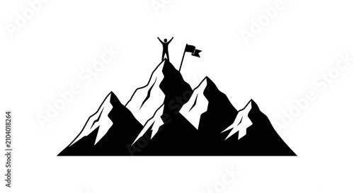 Bild auf Leinwand Mountain peak with victorious person black silhouette