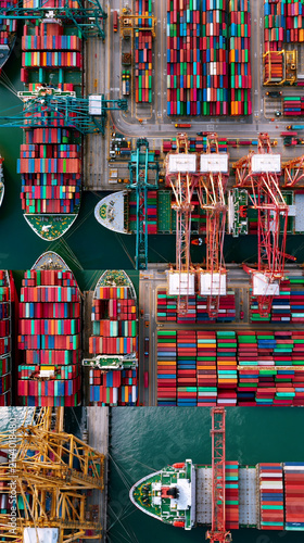 AI generator images of Busy international container port filled with thousands of colorful shipping containers, giant cargo cranes operating continuously, cargo vessels arriving and departing