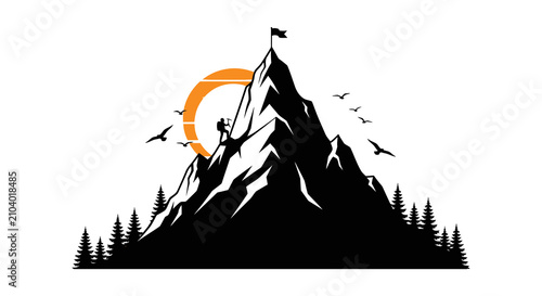 Bild auf Leinwand Mountain range with hikers and flag black silhouette