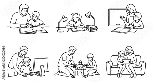Minimalist line art collection of children studying and playing with parents, family education and homeschooling vector set, kids learning at home