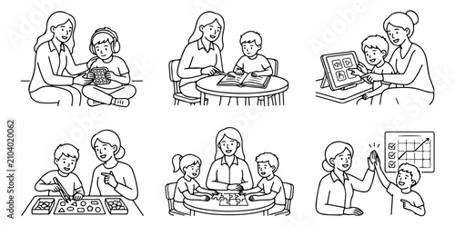 Minimalist line art education set, teacher and student learning scenes, 6 vector illustrations of classroom tutoring and homeschooling activities
