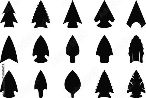 Ancient stone arrowhead and spearhead silhouette vector illustration set