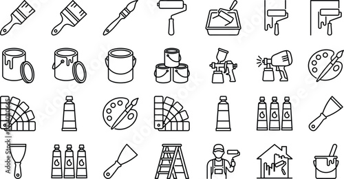 Painting tools and decorator equipment line icon set for home renovation and art design