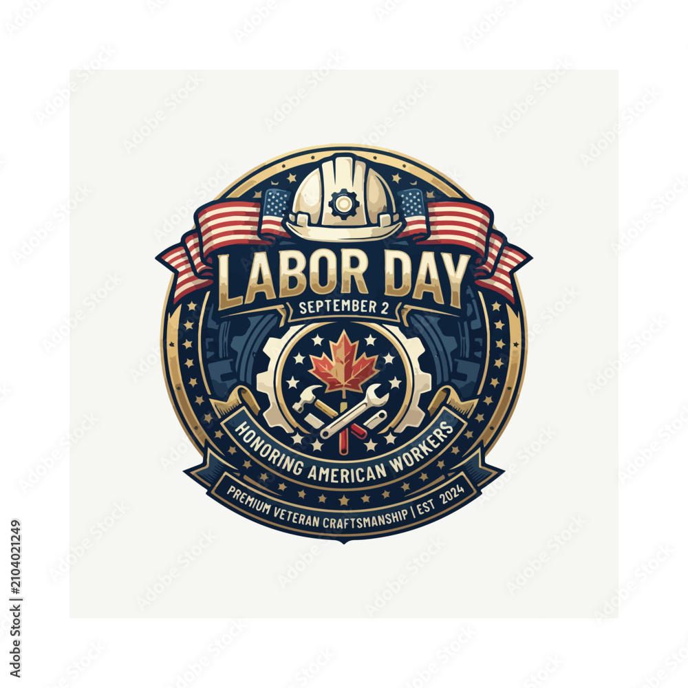 Fototapeta premium Premium editable vector Labor Day typography badge featuring hard hat, gears, stars, maple-leaf, USA-flag-ribbon. 