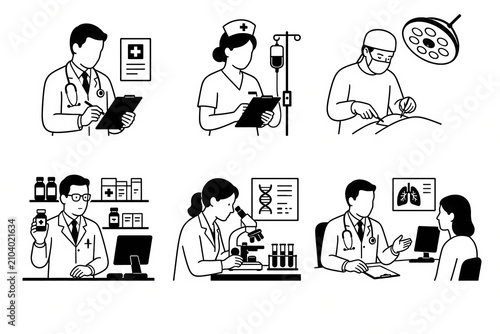 Set of six black and white minimalist pictograms representing various medical professionals