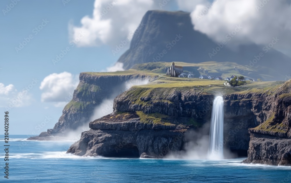 Obraz premium Stunning coastal cliff with waterfall and misty mountain under blue sky