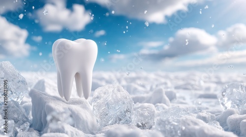 Single white tooth floating above ice crystals with cloudy sky background