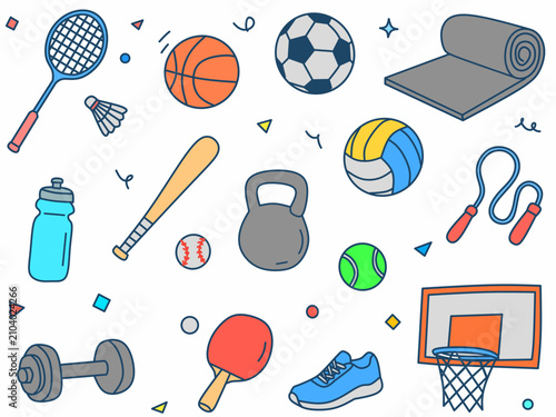 sports equipment icons in doodle style