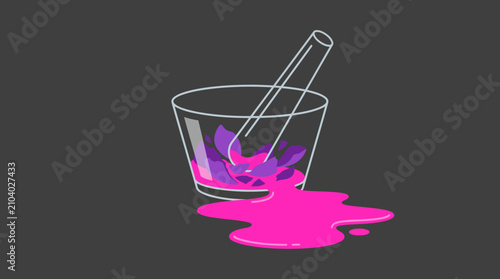 Foto Vector illustration of mortar and pestle crushing flower petals with spilled pink liquid