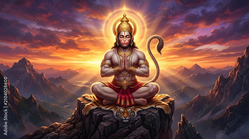 Fototapeta premium Divine Hanuman Meditating on Mountain at Sunset with Radiant Aura