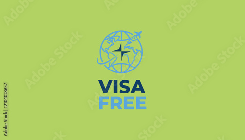Minimalist visa free travel concept banner features a globe icon, an airplane, and a compass on a bright green background.