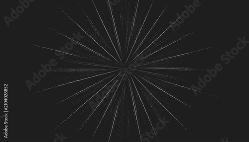 Abstract grayscale design depicts radiating explosion lines formed by tiny white dots against a black background.