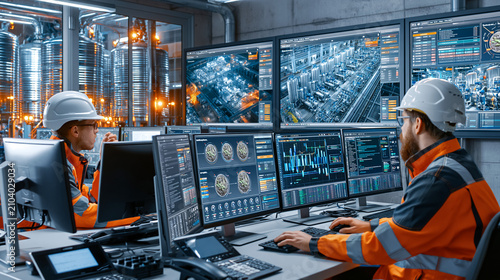 AI generator images of High-tech fertilizer factory control room, engineers monitoring automated fertilizer production on large digital displays, industrial SCADA system, modern manufacturing control 