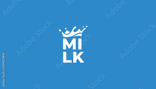 Simple typographic milk logo on a blue background with a cute white dairy splash crown representing pure creaminess.