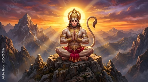 Divine Hanuman meditating on mountain peak at sunset