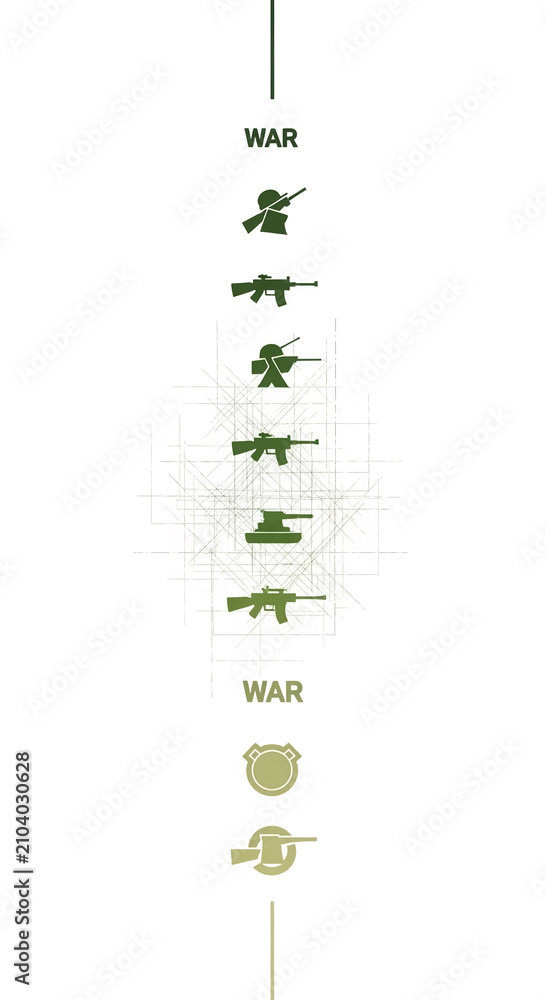 Fototapeta premium Stylized depiction of various weaponry, showcasing a progression and evolution of military hardware, symbolizing conflict and the history of warfare.