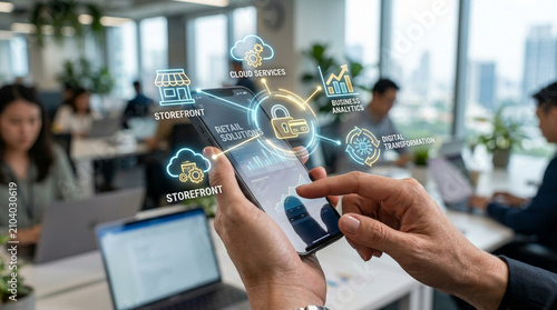 Digital transformation in retail: smartphone with cloud, security, and analytics icons