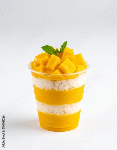 Layered Tropical Mango Sticky Rice Dessert Served in a Clear Plastic Cup Topped with Fresh Mint Leaves Against a White Background