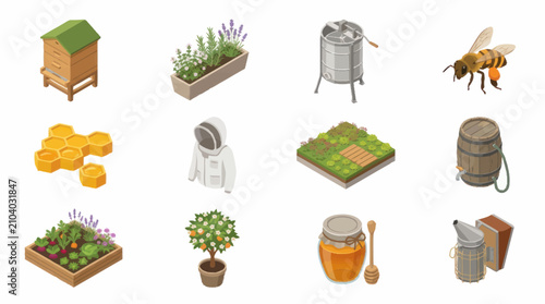 Tableau sur toile Illustrated collection of beekeeping and honey production elements