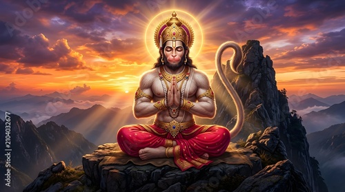 Divine Hanuman Meditating on Mountain at Sunset with Radiant Aura
