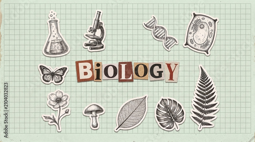 biology paper collage with microscope dna cell and plants science education concept