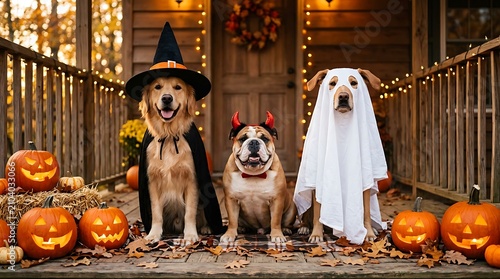 Three cute dogs in funny halloween costumes on a porch