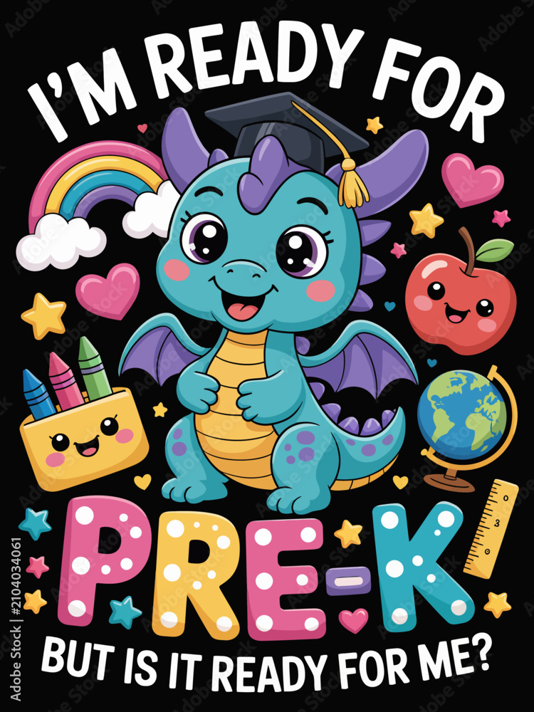 Fototapeta premium A cheerful dragon wearing a graduation cap stands ready for Pre-K. Colorful elements like a rainbow, apple, and globe enhance the scene.