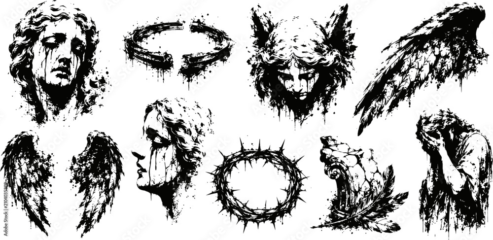 Fototapeta premium Bleeding angel faces wings and crown of thorns grunge gothic religion sorrow ink illustration set