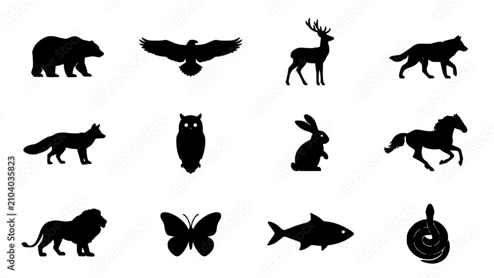 Fototapeta premium Animals in Various Silhouettes Arranged in a Grid Pattern Featuring Bear, Eagle, Deer with Wolf and Fox Elements for Owl, Rabbit