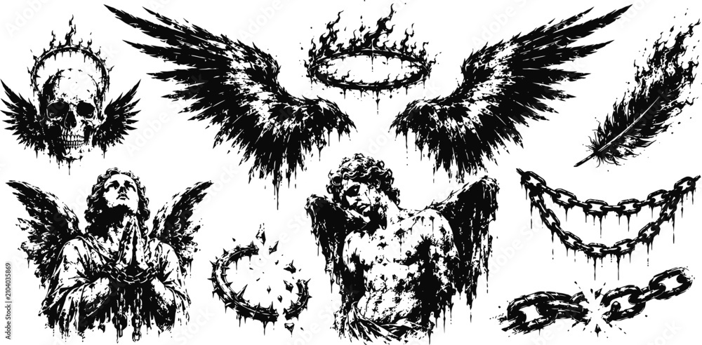 Fototapeta premium Dark grunge angel wings and skull halo set with dripping ink chains and feathers illustration