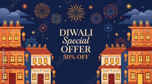 Diwali Special Offer Sale Banner with Fireworks Festive Houses and Discount Promotion Background