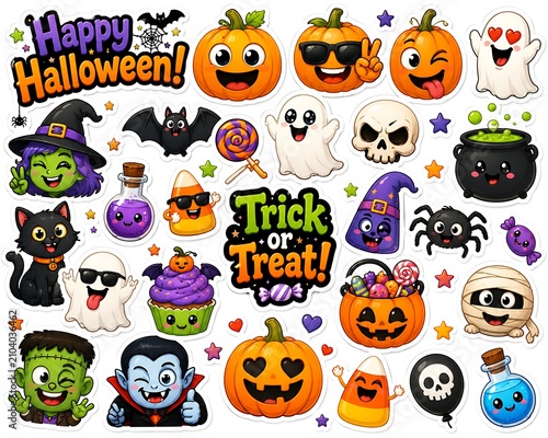 Cute Halloween Sticker Collection with Pumpkin Ghost Witch Monsters Candy and Spooky Characters