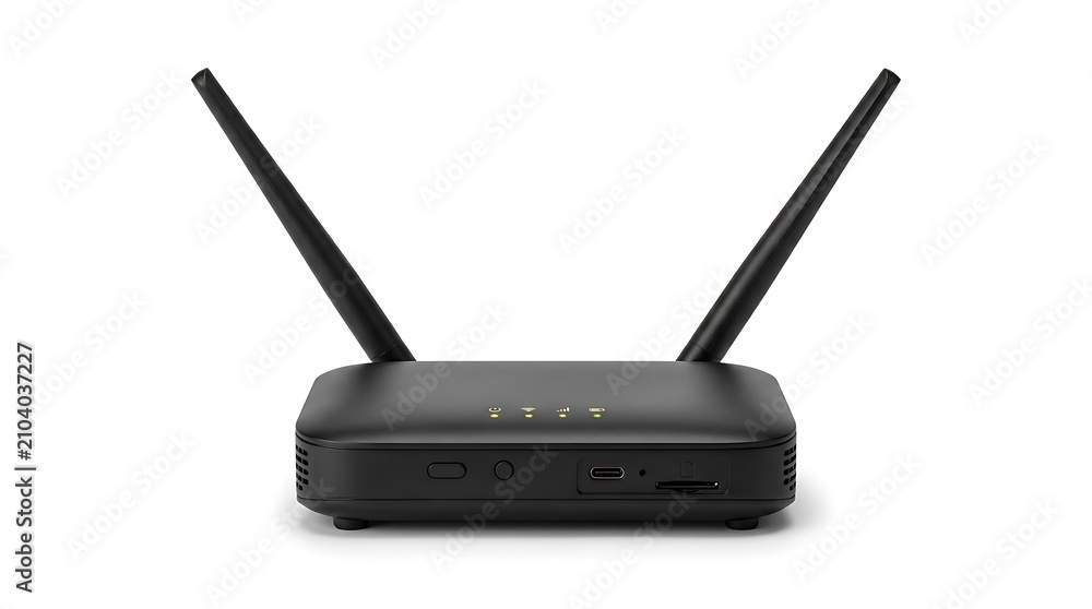 Fototapeta premium Black wireless router with dual antennas and LED indicators isolated on a clean white background for modern internet connectivity.