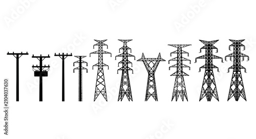 Comprehensive collection of electrical power poles and transmission pylons vector silhouettes illustrating various designs of energy infrastructure for utility and grid projects