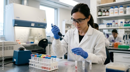 Female scientist conducts research in a modern laboratory with pipetting.