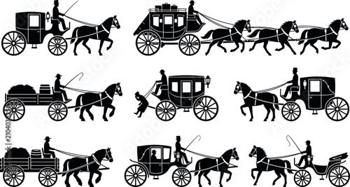 Foto Vintage horse drawn carriage silhouette vector set with historical stagecoach wa