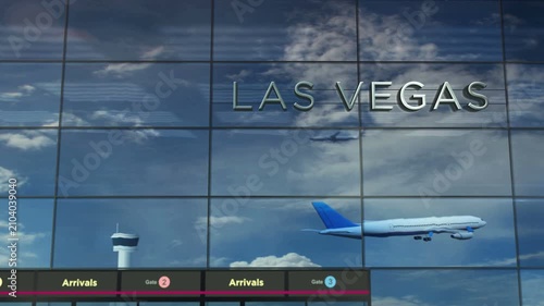 Las Vegas plane landing. Jet airplane airliner travel to Nevada USA, United States and terminal airport arrival.